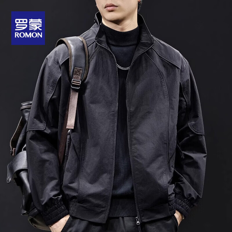 罗蒙（ROMON）高端夹克男2026春季新款美式潮牌痞帅百搭宽松大码立领休闲外套男 KDKJ568黑色夹克 XL  适合140-160斤