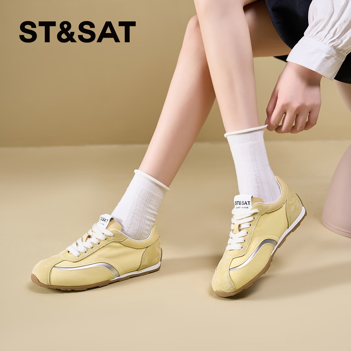 星期六（St&Sat）百搭拼色德训鞋2026春季新款透气网面休闲运动鞋阿甘鞋时尚女鞋子 黄色 37
