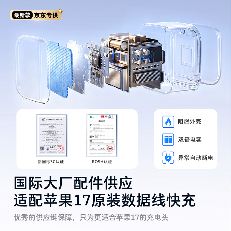 图拉斯苹果17充电器【2026年新款|45W顶配低温快充】iPhone17Promax充电头小冰充适配苹果17原装充电头16 【45W单头】星光白 最新款|顶配苹果17充电器|超低温不伤机