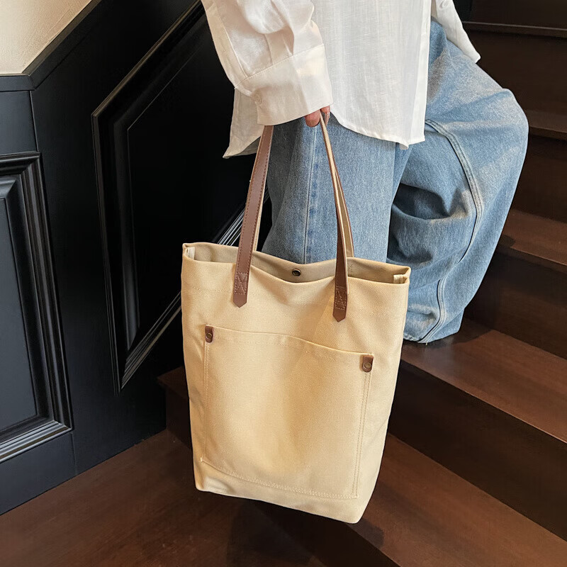 【甄选】大容量百搭帆布包女单肩纯色通勤包学院学生便捷包包购物 米白色