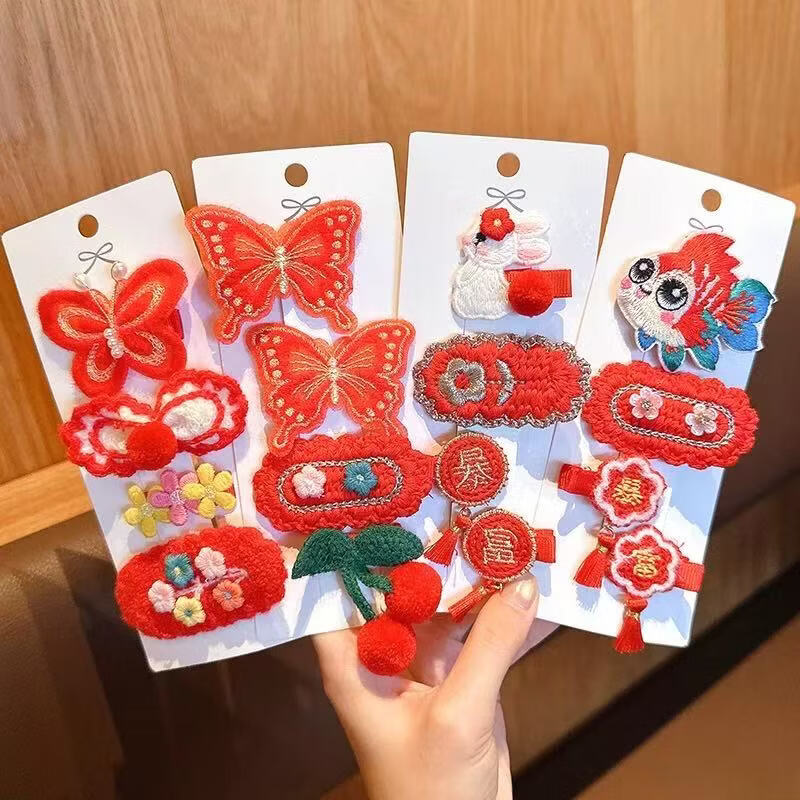 【精选直发】儿童发夹2025年新款女童新年针织发卡中国风红色小女 03#蝴蝶樱桃