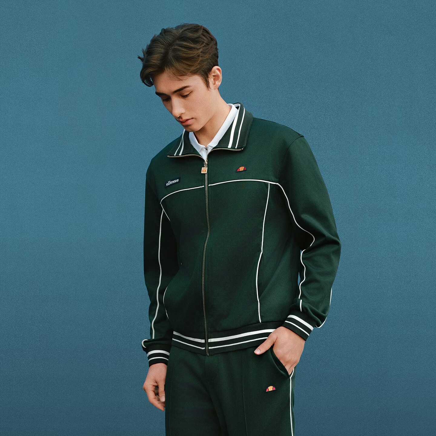 ellesse小贝壳26春季新品网球服老钱风外套复古运动卫裤套装男 深林绿-外套 M