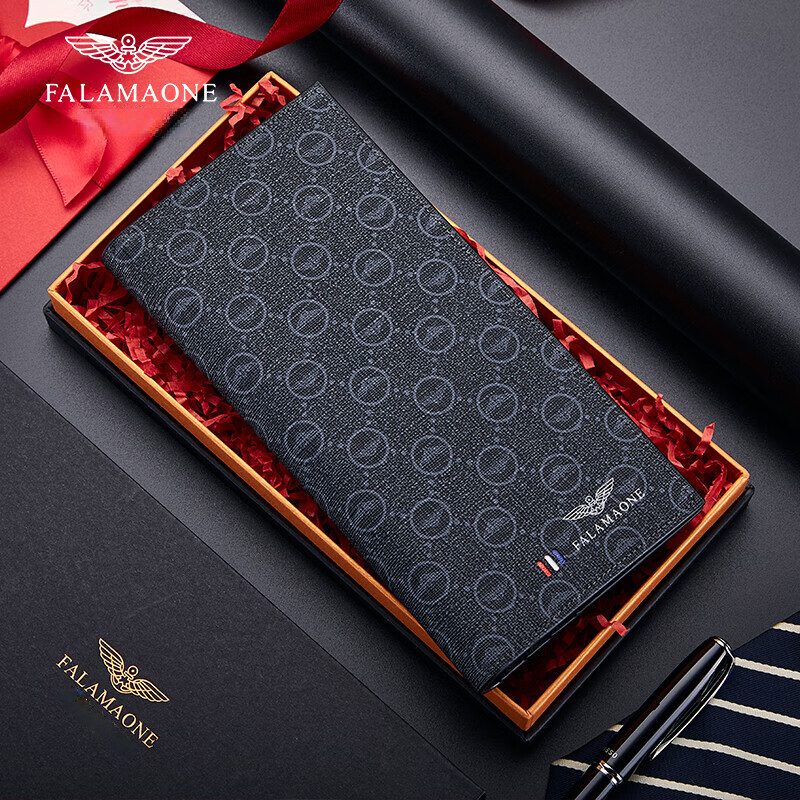 FALAMAONE真皮男士钱包长款钱夹轻奢商务手拿包生日礼物送男友老公父亲兄弟 QB206/时尚印花【专柜礼盒】 代写贺卡打印照片联系客服