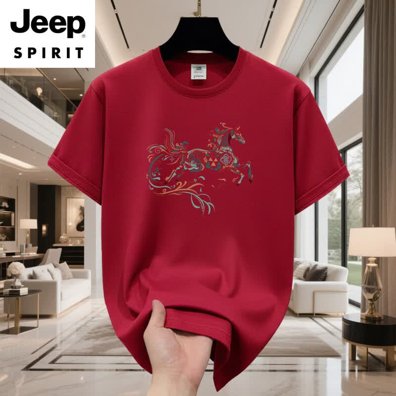 JEEP SPIRIT酒红色T恤男2026马年本命年新款纯棉短袖宽松男款上衣大码情侣装 酒红色 XL 【140-160斤】
