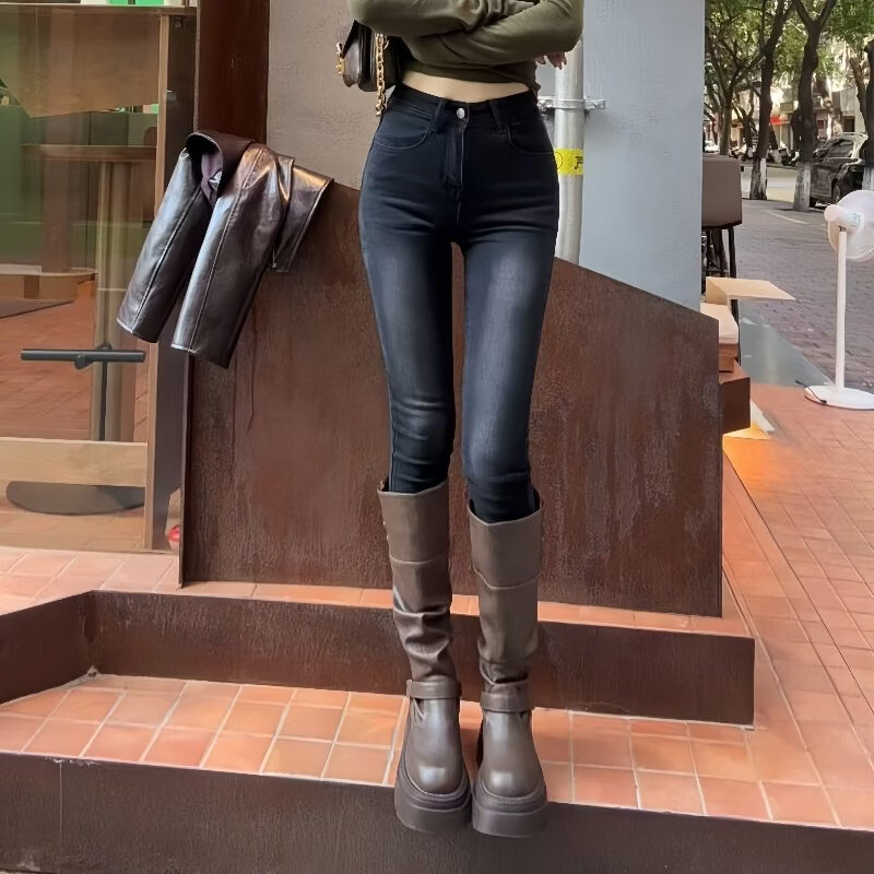 阿瑪瑟（amase）辣妹復(fù)古黑灰色小腳牛仔褲配靴子緊身鉛筆褲高腰修身彈力九分褲女 黑灰色 常規(guī) S