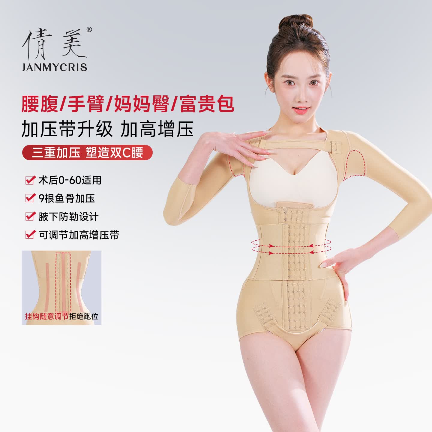 倩美腰腹环吸吸脂术后塑身衣手臂抽脂术后一期富贵包束腰强力重压塑形 34142肤色 升级加高增压加压带【腹背+富贵包+手臂】 S