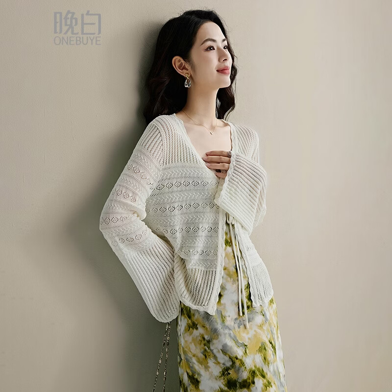 晚白【断码清仓】镂空系带上衣慵懒随性宽松大码百搭针织开衫女 米白色 M
