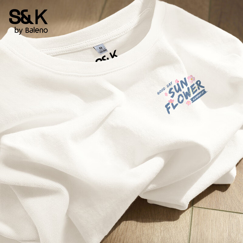 班尼路S&amp;K系列纯棉短袖t恤女装夏季新款重磅上衣服小个子半袖内搭小衫 白#字母花k L