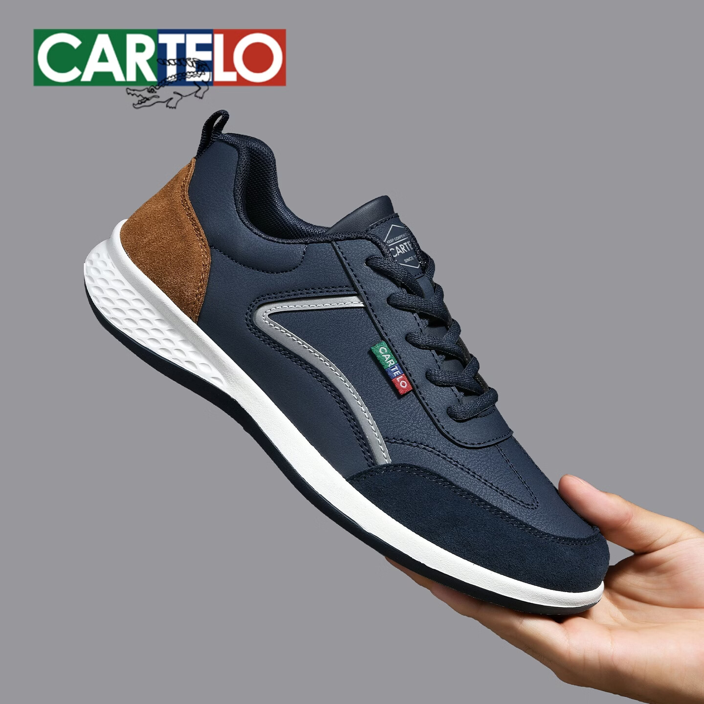 卡帝乐鳄鱼（CARTELO）男鞋厚底透气休闲板鞋男士潮流百搭运动鞋男学生跑步舒适鞋子男款 深蓝色 44 (270mm) 标准运动鞋尺码