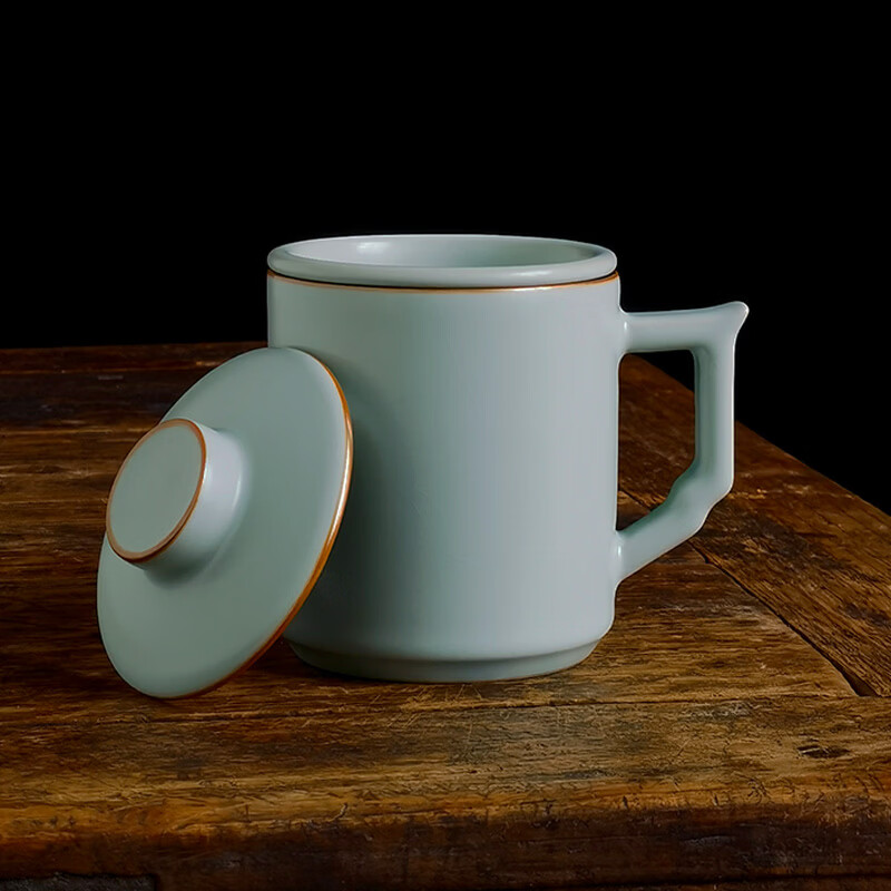 青禾窑汝窑马克杯开片可养陶瓷茶杯大容量带盖过滤茶水分离杯家用办公杯 天青汝窑文轩杯(395ml 安全包装)