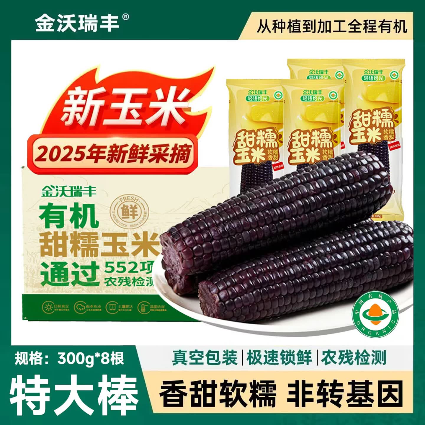 金沃瑞丰有机大棒 黑糯玉米棒300g*8支 4.8斤 粘糯香甜含花青素