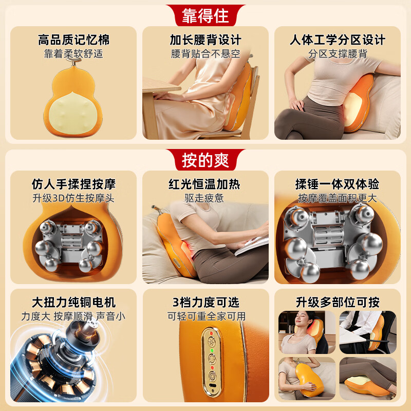 乐尔康（Le er kang）S6腰部按摩器肩颈腿背按摩仪无线多功能按摩揉捏热敷葫芦办公靠枕腰靠送长辈生日礼物男女 【Pro揉锤款礼盒】3档力度+3种模式+记忆棉加热