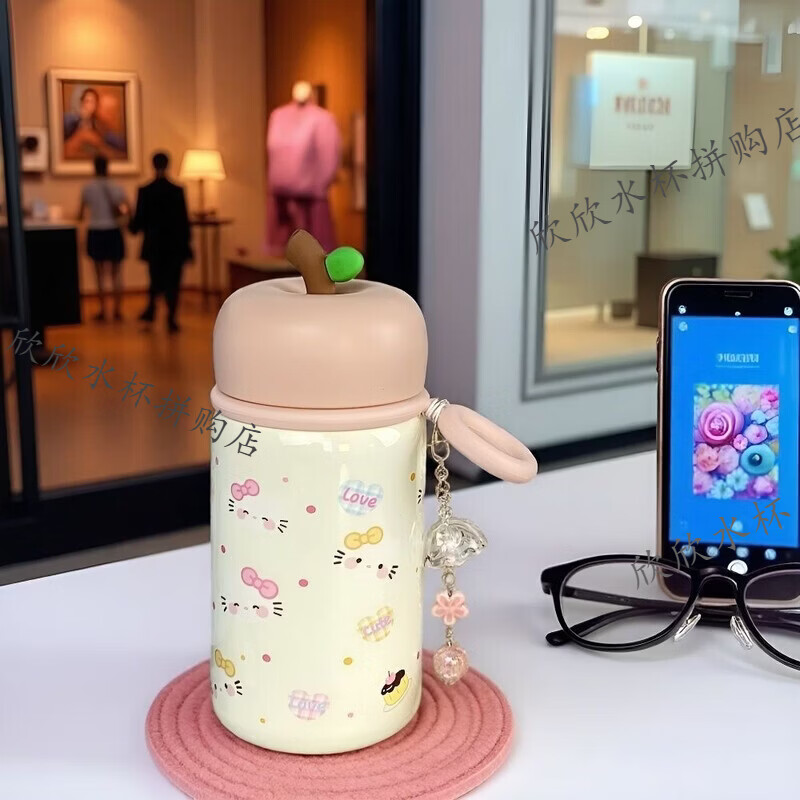 kt猫苹果保温杯 高颜值316不锈钢可爱卡通水杯女生小巧学生便携女 kt猫保温杯+【杯垫+吊坠】 300ml【彩盒包装】