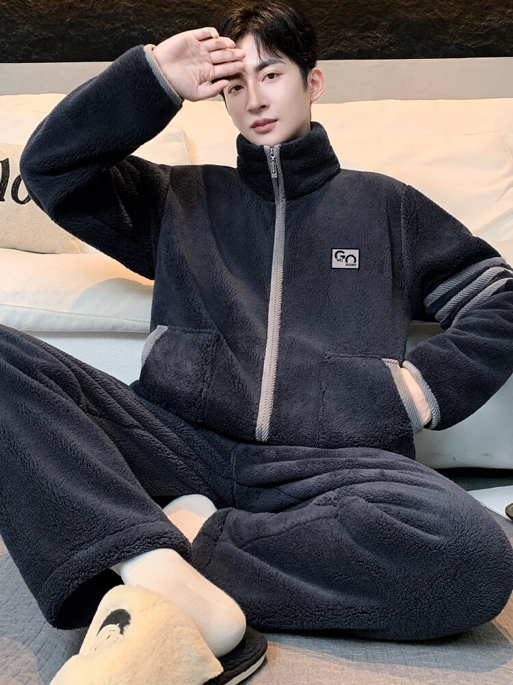 雅鹿睡衣冬季男珊瑚绒家居服男士高端加厚加绒睡衣男士冬季新款套装 NSJLY-KS47夜暮灰青果领胸口标男 2XL 男(150-170斤)