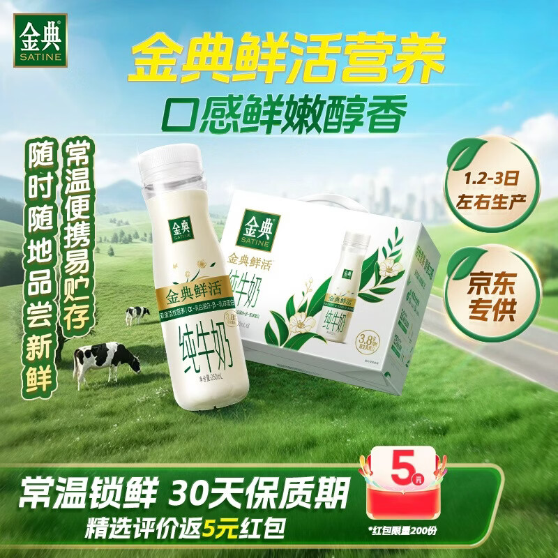 伊利金典3.8g乳蛋白 鲜活纯牛奶250ml*8瓶 30天常温短保 年货礼盒装