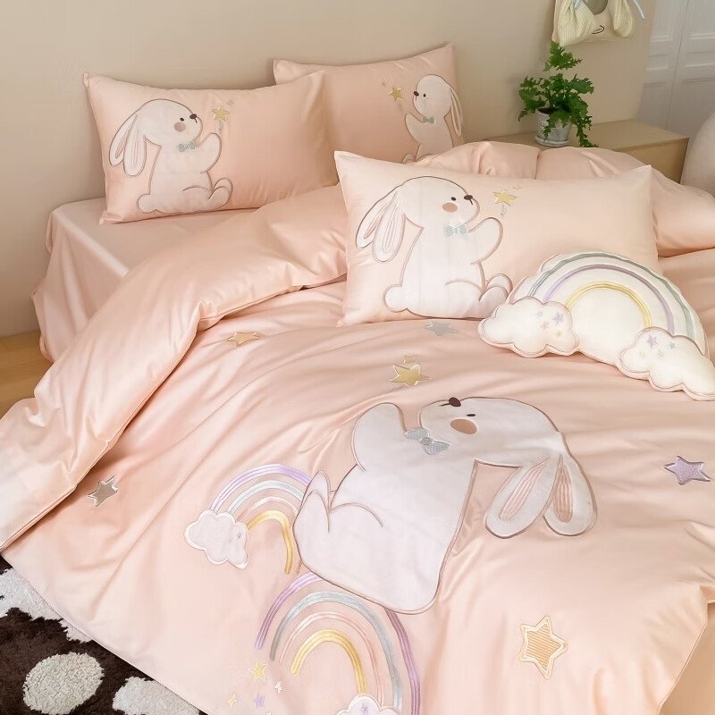 ROLAND LIVE床上用品长绒棉四件套软萌兔子贴布绣全棉被套床单儿童卧室三件套 JM 长绒棉套件-彩虹兔灰调玉 1.2米床 床单款 【被套150*200cm】