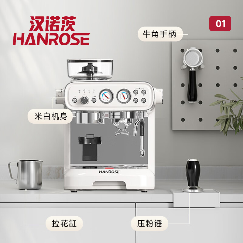 Hanrose意式咖啡机半自动复古风咖域01 小型咖啡机奶泡研磨一体 可拆卸刀盘 可视压力温度TCMSA02A-3C 意式打奶泡研磨一体咖啡机 咖域01