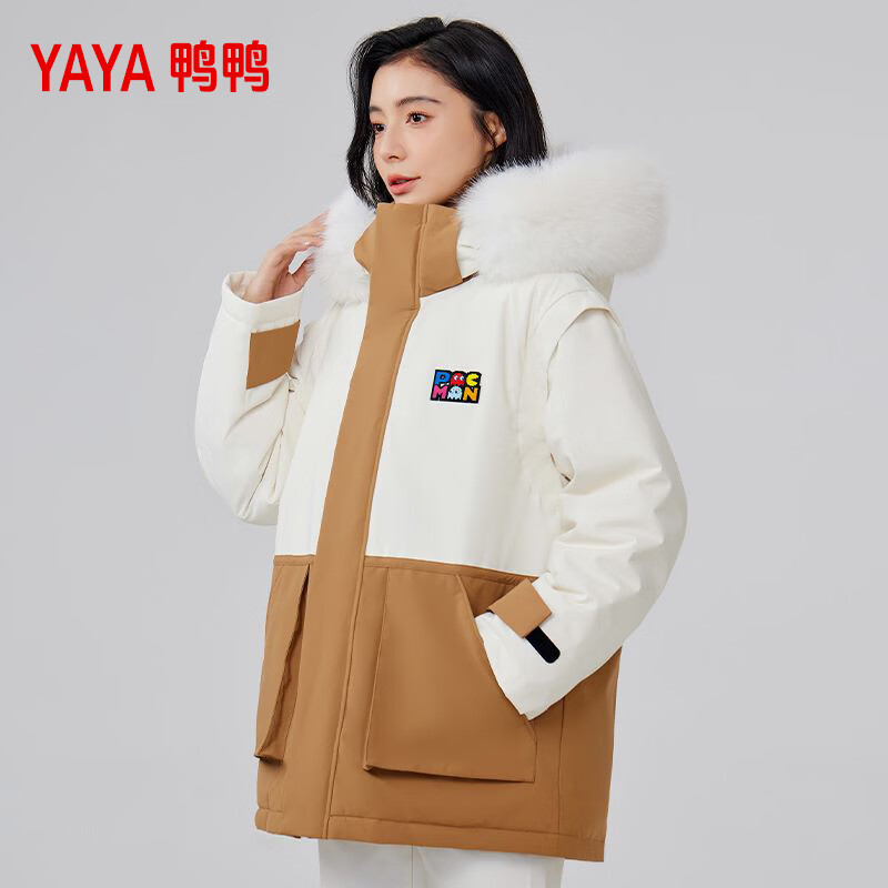 鸭鸭（YAYA）户外羽绒服男女同款2025冬季新品加厚保暖工装外套 卡其色拼米色 S 95-110斤