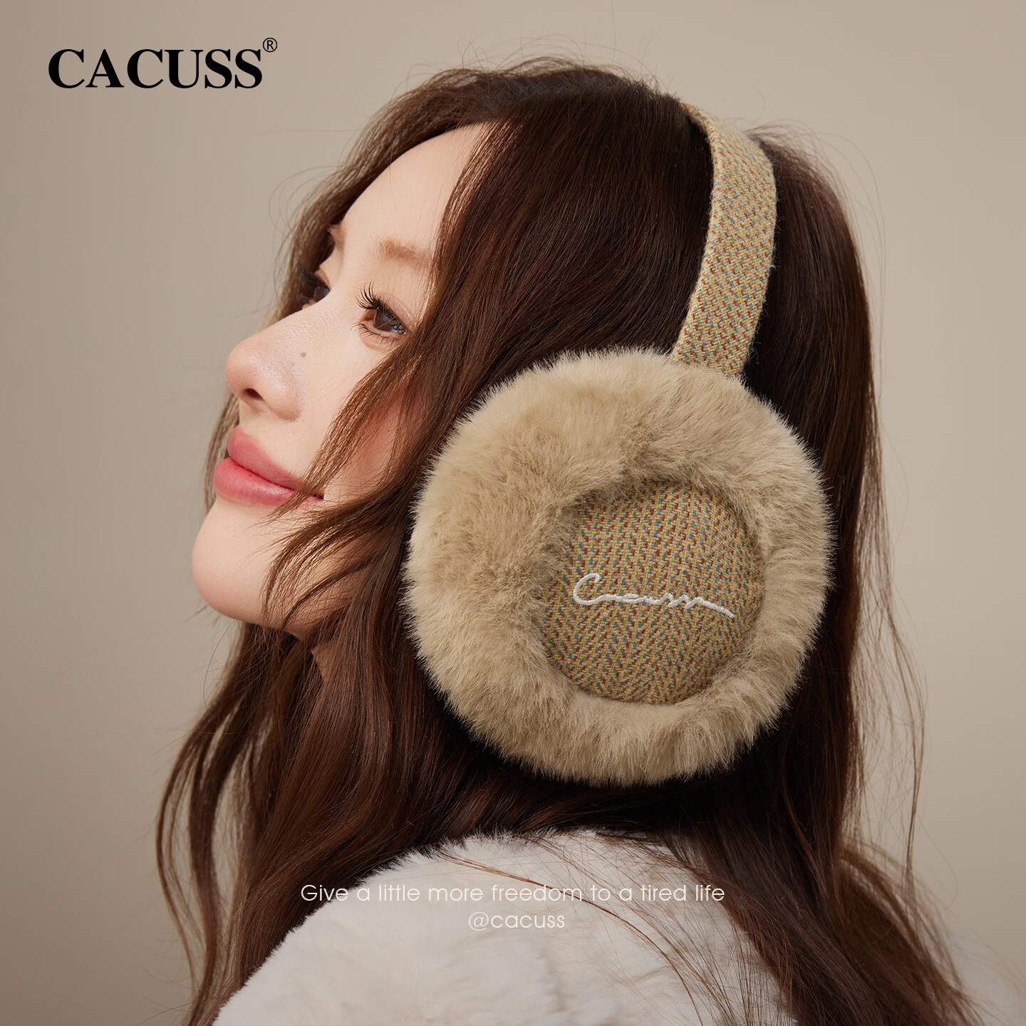 CACUSS毛绒耳罩女士秋冬季时尚保暖护耳包可折叠东北防冻防寒防风耳捂子 浅咖