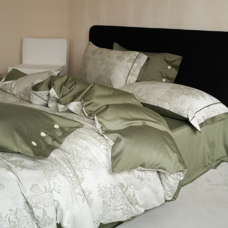 ROLAND LIVE新疆长绒棉色织提花四件套亲肤裸睡全棉高级感被套床单床上用品 YYG 长绒棉四件套-绿野芳踪绿 1.5米床 床笠款 【被套200*230cm】