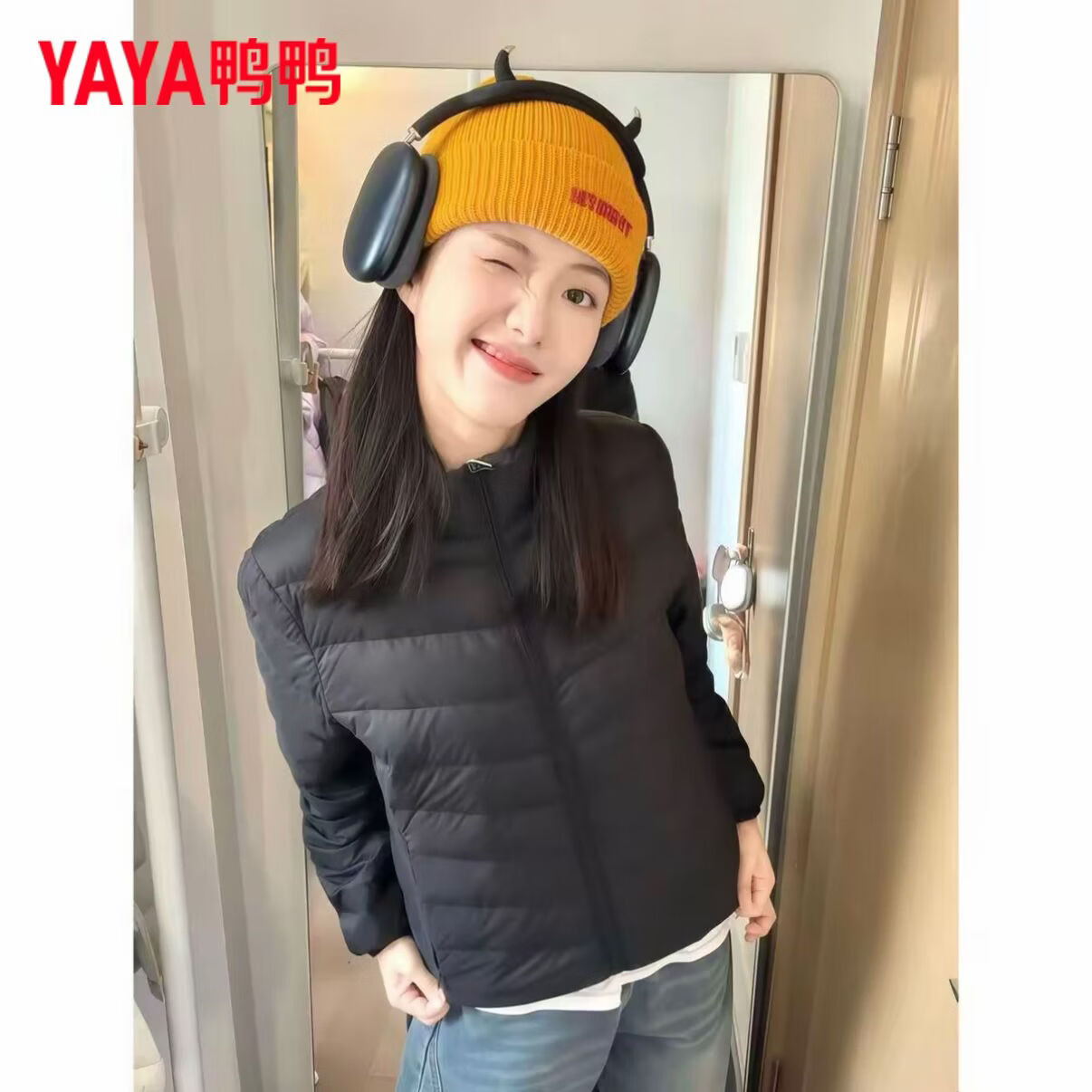 鸭鸭（YAYA）轻薄排骨羽绒服女短款秋冬新款保暖百搭时尚纯色立领外套 黑色（立领） 4XL 155-170斤