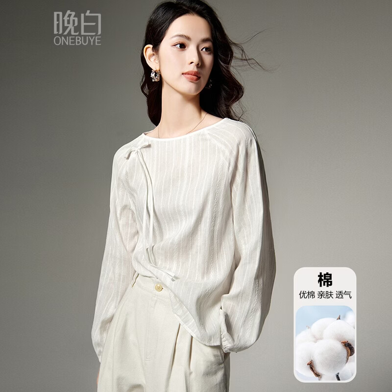 晚白【断码清仓】时尚系带圆领全棉上衣宽松亲肤舒适休闲衬衫女 白色 M