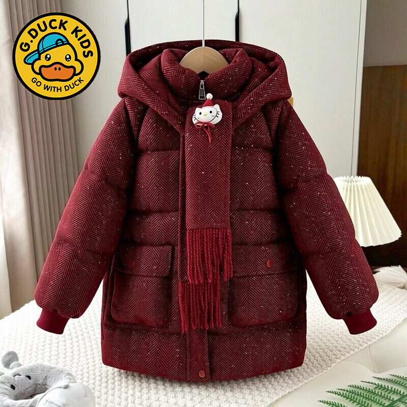 G.duck女童拜年服棉服冬季新款大童中长款洋气儿童加绒加厚外套棉衣棉袄 酒红色 110