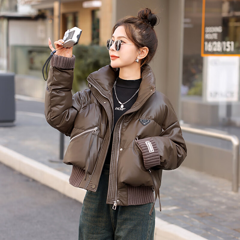 羽绒服女短款立领加厚面包服90鸭绒羽绒衣服宽松休闲百搭保暖外套 咖色 XL