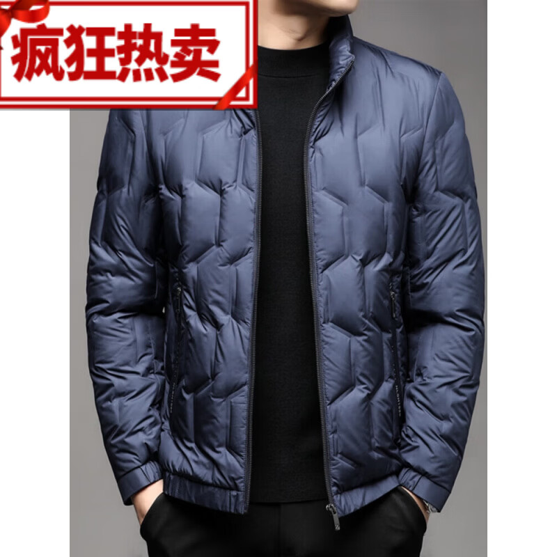 范西奢羽绒服男秋冬季休闲立领加厚夹克中年爸爸装防寒保暖白鸭绒外套 08952兰色 均码 170