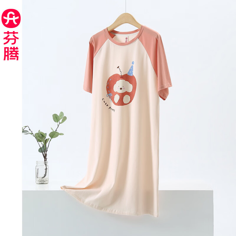 芬腾可爱风卡通印花睡裙女士2026新款夏季短袖纯棉宽松家居服睡衣 浅粉 L 建议：110-125斤