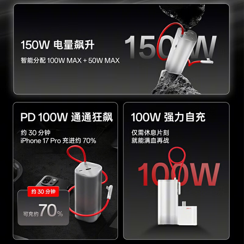 一加150W超能核移动电源【3C认证可上飞机】20000mAh大容量快充充电宝自带线可充电脑平板适配一加13T