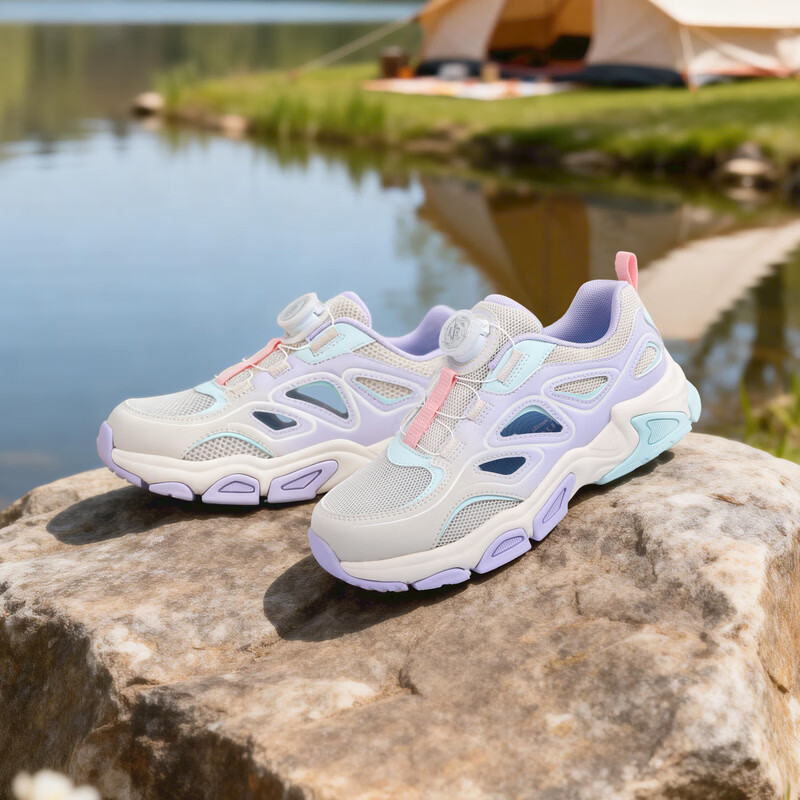 江博士(DR·KONG)春季男女中大童舒适透气运动鞋 免系旋钮扣鞋带儿童鞋 米/紫 35 脚长约21.6-22.1