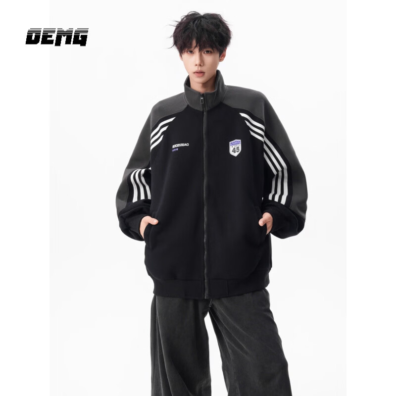 OEMG  插肩袖运动开衫卫衣男士春秋季潮牌美式撞色休闲立领上衣外套 黑色拼深灰 XL [建议110-130斤]