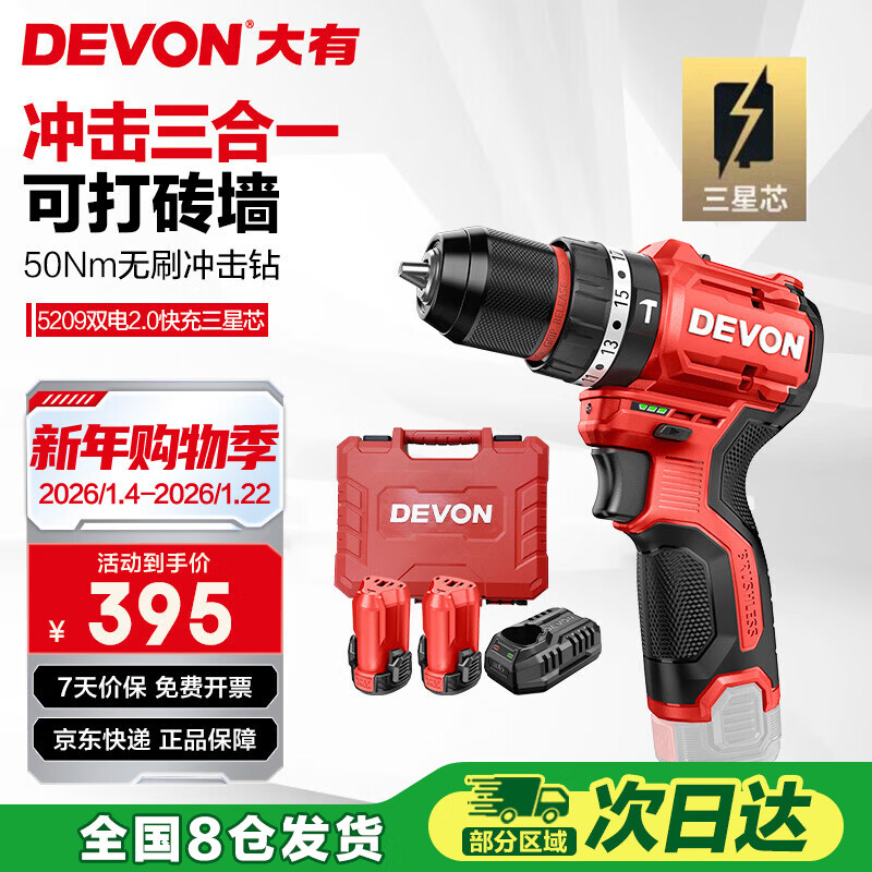 大有（Devon）12V无刷锂电钻手电钻充电钻冲击钻手转螺丝5209双电2.0三星芯快充