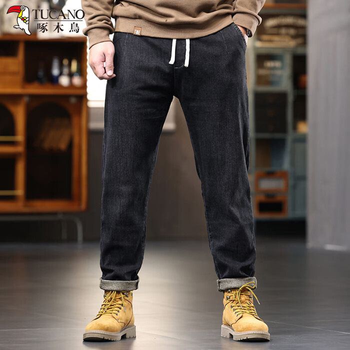 啄木鸟大码胖子松紧腰牛仔裤男秋冬加厚宽松直筒休闲百搭潮流潮牌男裤子 黑灰 308 M