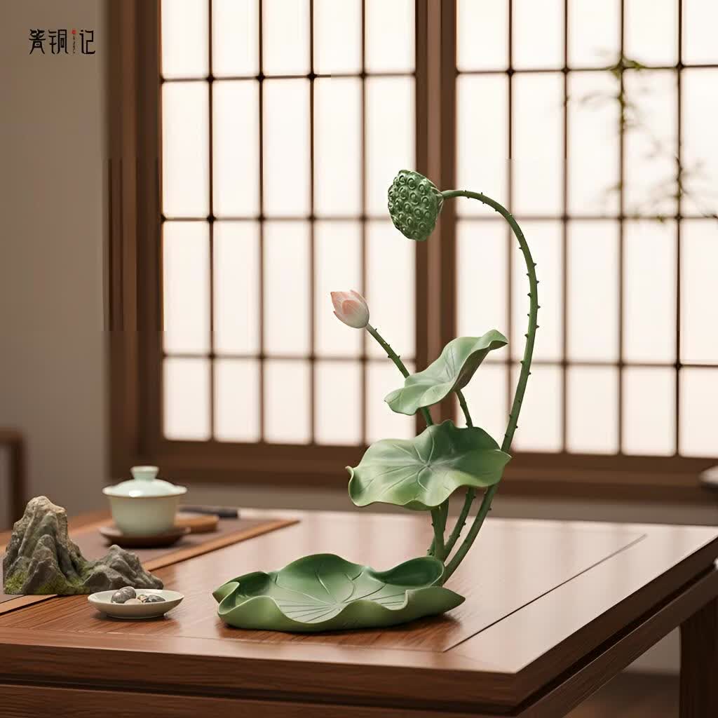 箐铜记全铜荷花摆件 荷塘月色 新中式茶室禅意摆件 乔迁开业礼品 荷塘月色 中式