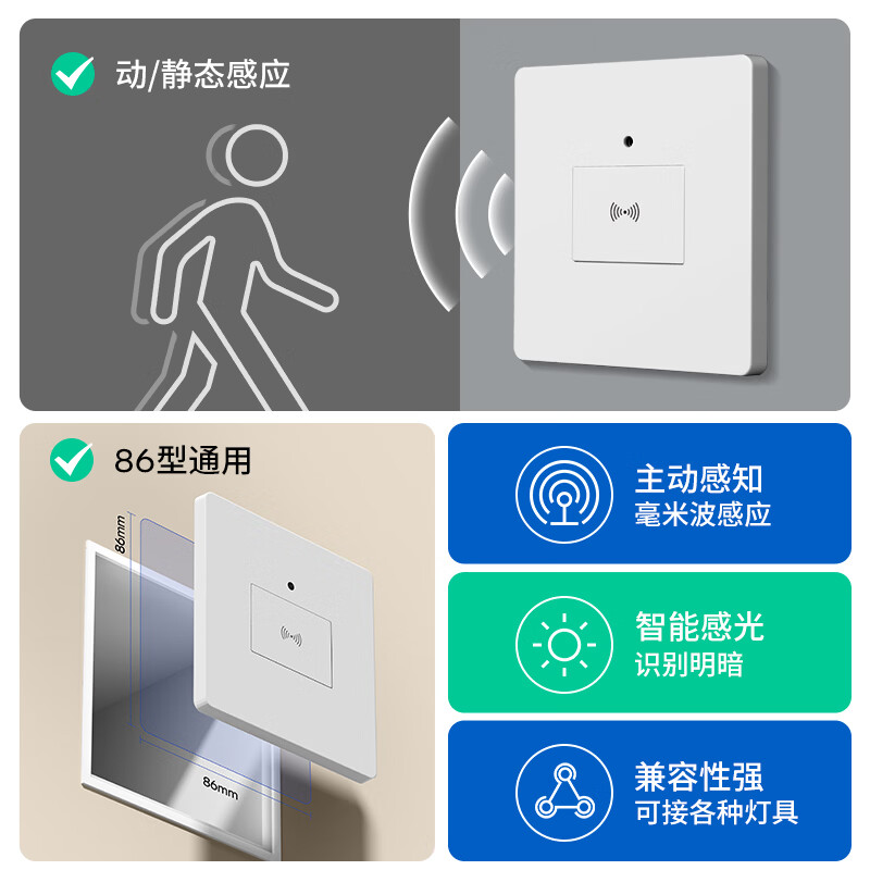 国际电工人体存在感应开关吸顶嵌入式楼道人走灯灭智能延时微波雷达感应器 面板式人体存在感应器【86型】