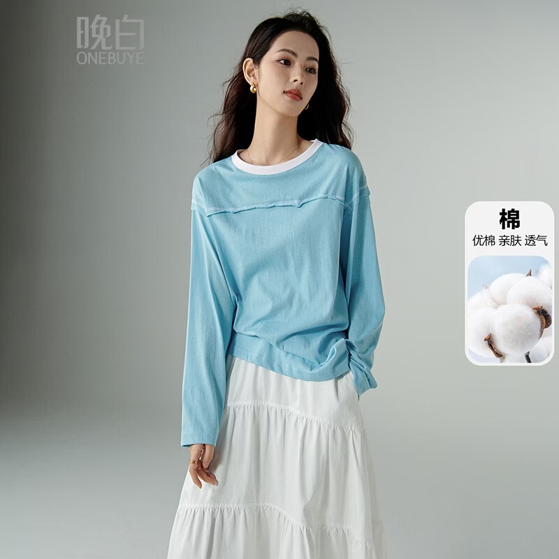 晚白【专享】2026年春款经典撞色棉料上衣宽松舒适大码T恤衫女 蓝色 S