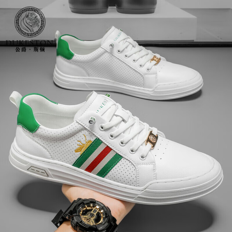 公爵斯顿 DUKESTON轻奢男鞋休闲板鞋鞋面透气孔设计简约时尚轻便百搭网面复古 米色 40 标准皮鞋尺码