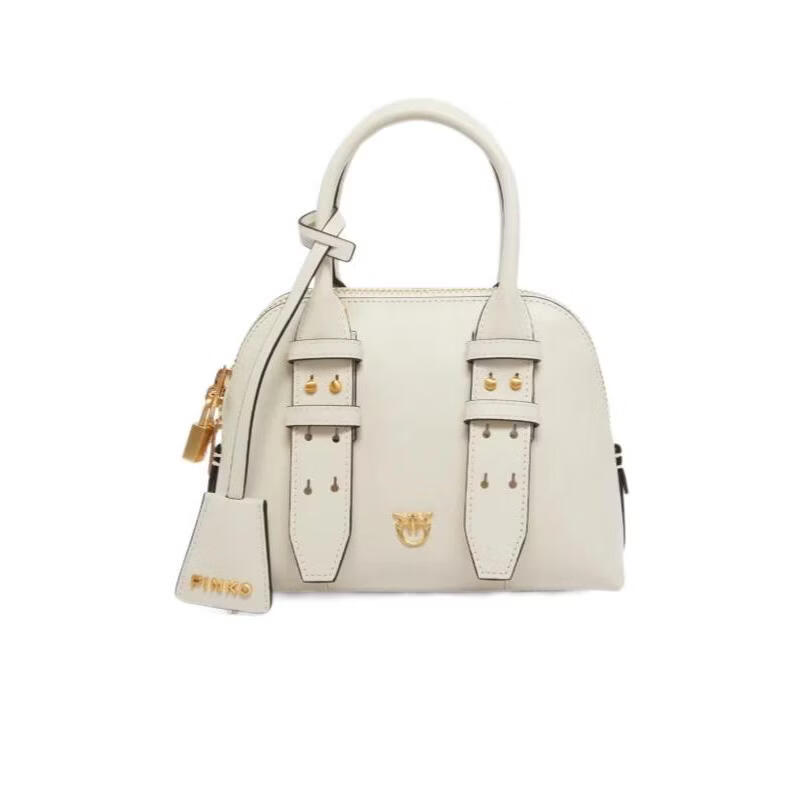 PINKO品高女士保齡球包雙拉鏈開(kāi)合可手提可肩背配鑰匙鎖扣牛皮白色 白色 均碼