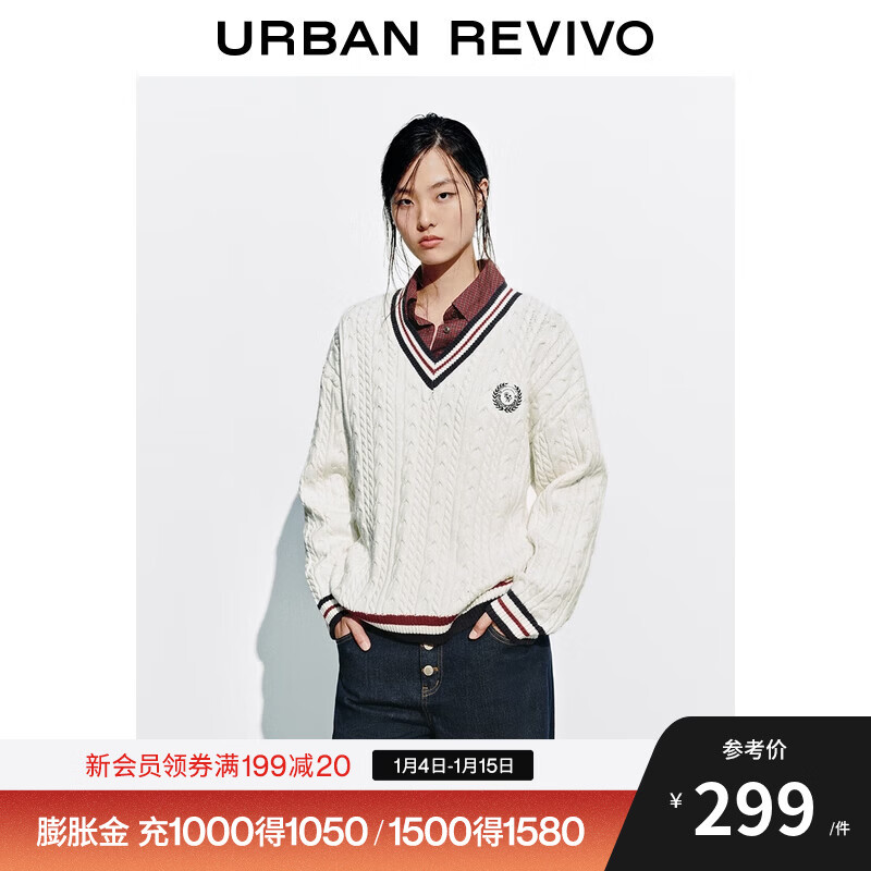 UR2026春季新款女装学院风绞花肌理V领针织衫UYY950127 本白 M