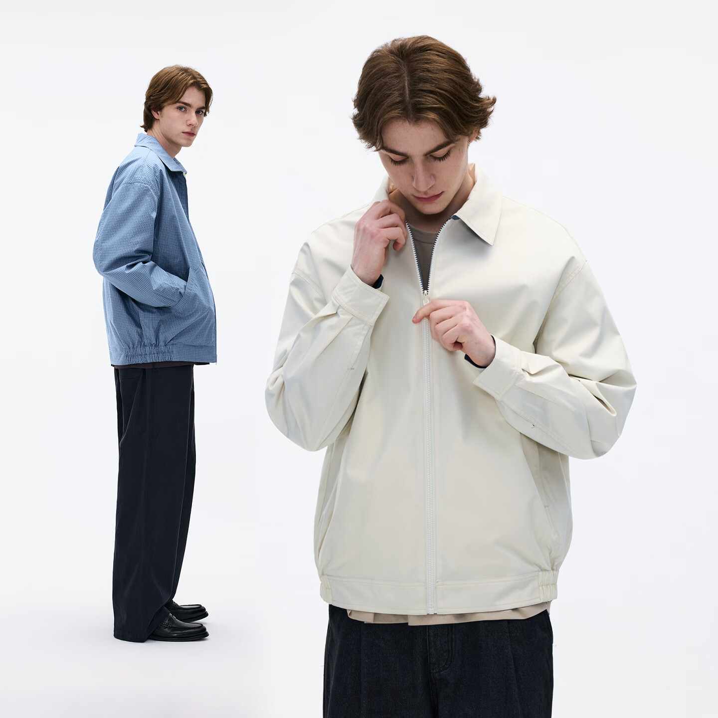 熊猫·本（ben.panda）撞色双面穿翻领防泼水夹克格纹宽松外套男款2026春季 米砂色 M