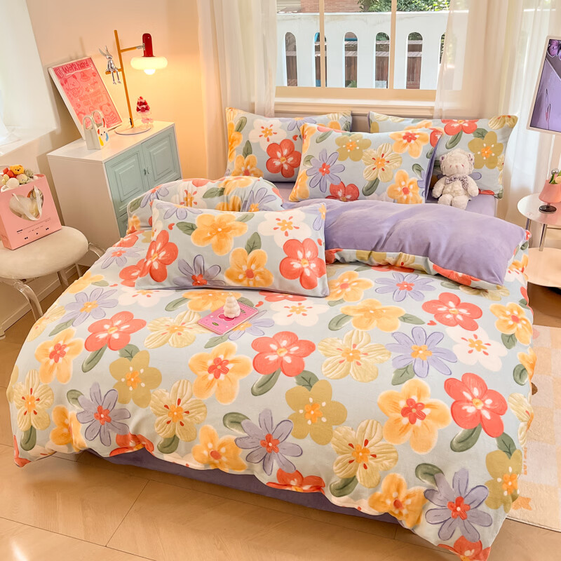 雅鹿冬季亲肤透气牛奶绒印花四件套 绚烂 1.8m四件套 床笠款 （被套200*230cm）