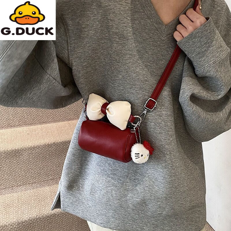 G.duck新款韩版儿童包女童红色蝴蝶结拜年水桶包可爱猫咪女孩公主斜挎包 白色