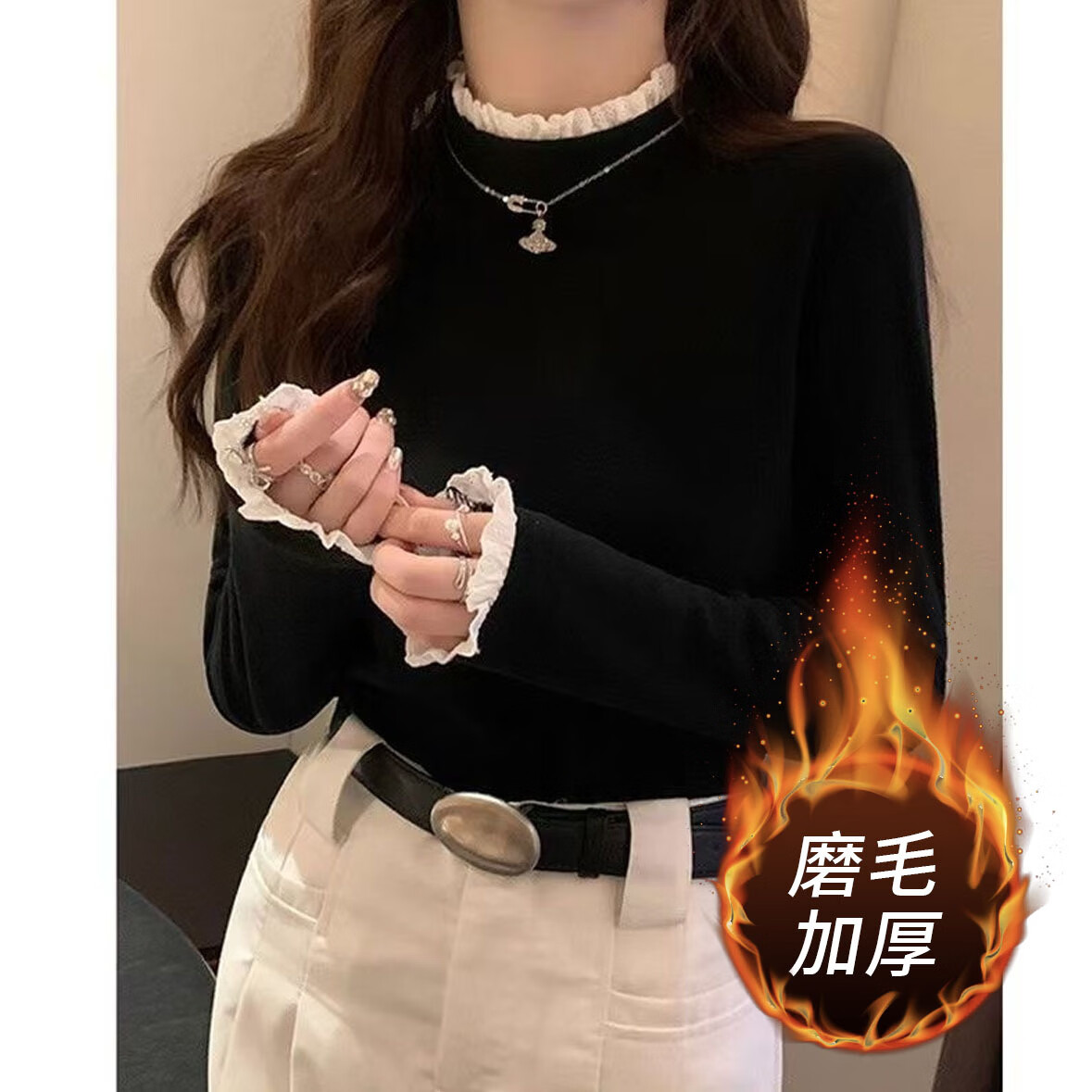 CronetKcnsy花边拼接半高领打底衫女秋冬双面磨毛修身设计感针织衫内搭上衣女 安哥拉红 XL (建议120-150)