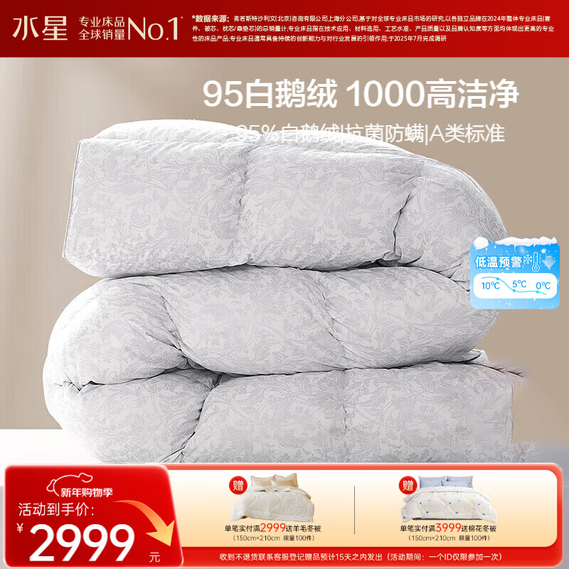 水星家纺羽绒被95%白鹅绒被子冬季加厚冬被芯双人羽绒被220cm×240cm1100g