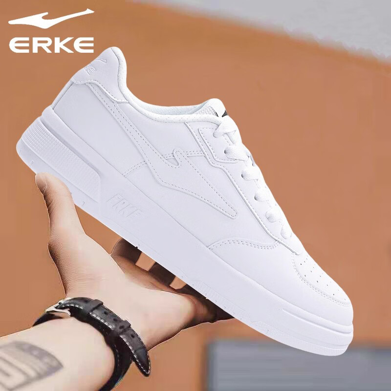 鸿星尔克（ERKE）男鞋板鞋2026新款春季低帮厚底小白鞋轻便防滑潮流百搭休闲运动鞋 1293尔克白 皮面防水 39