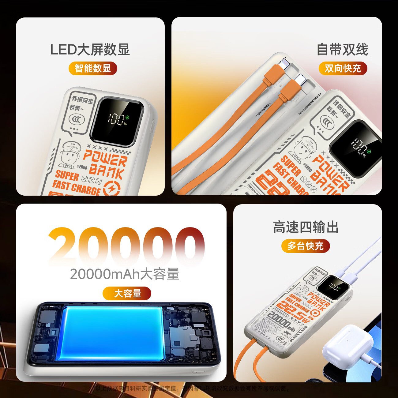 二伯【3C认证充电宝 可上飞机高铁】27000毫安22.5w超级快充自带线大容量移动电源适用苹果安卓露营用 20000毫安（新3C认证+苹果安桌双线+数显）） 米橙色/二伯旗舰款【3C MFI双认证】