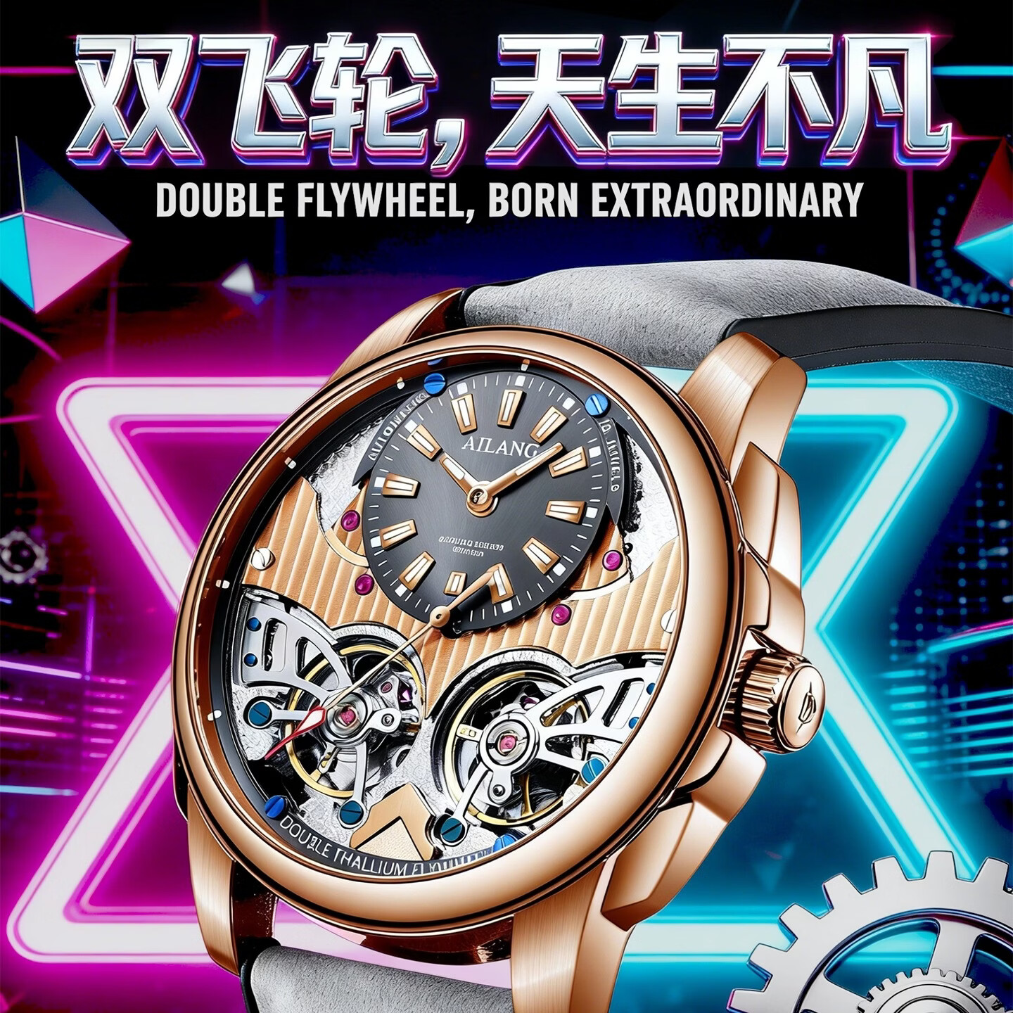 艾浪2026新款双子星男士全自动机械表潮玩高端商务品牌腕表礼物高级感 炽玫金-灰色皮带【高定礼盒+送皮带】 42mm