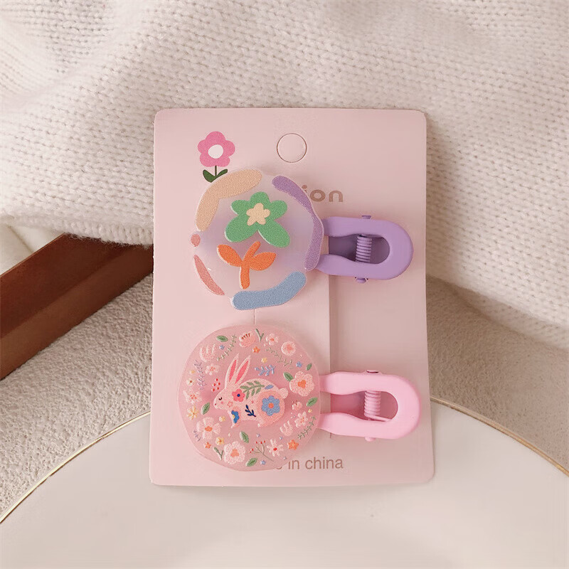 【甄选厂家】韩系儿童奶油糖果色印碎花格纹大号鸭嘴夹女童亲子喷 1 花朵兔子一对